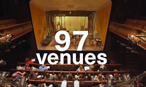 Words 97 venues sits over a view of people sitting in an auditorium looking at theatre stage