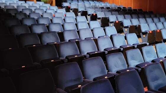 Inside an empty theatre auditorium, dark walls and navy velvet seating