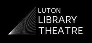 The Library Theatre logo, white words on a black background with graphic spotlight