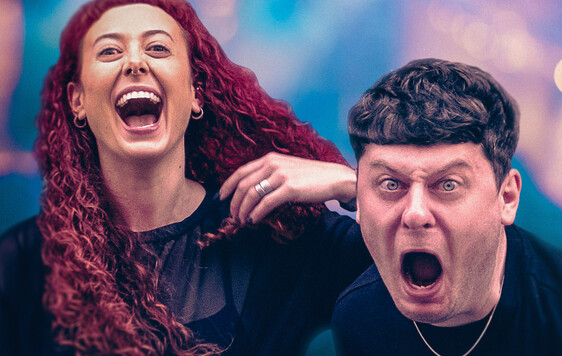 Actor playing Sarah is smiling and looking out past the camera. Actor playing Jamie is mid-shouting intensely into the camera.