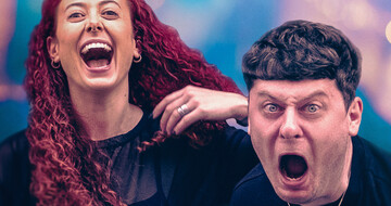 Actor playing Sarah is smiling and looking out past the camera. Actor playing Jamie is mid-shouting intensely into the camera.