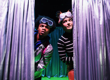 The fox and the secret agent peering out behind a set of curtains.