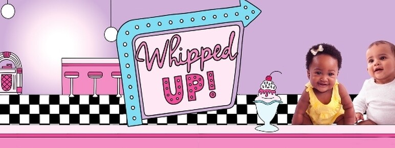 Illustrated 1950s diner counter, pink and chequers with Whipped Up! pointing towards two babies and an illustrated ice sundae