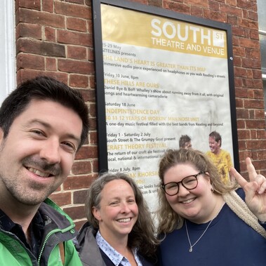 3 people outside South Street Arts, Reading